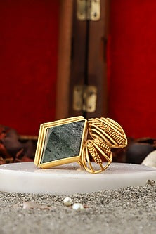 Gold Finish Green Hand-Cut Marble Hand-Knotted Ring
