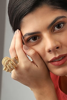 Gold Rhodium Finish Hand-Knotted Ball Chain Embellished Spiral Granthi Ring