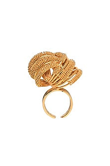 Gold Rhodium Finish Hand-Knotted Ball Chain Embellished Spiral Granthi Ring