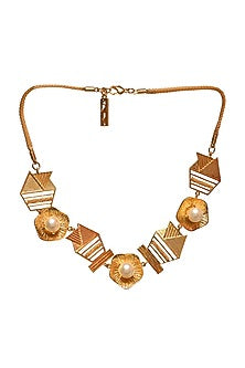 Gold Rhodium Finish Half-Cut Cabochon Pearl Hexa Necklace