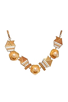 Gold Rhodium Finish Half-Cut Cabochon Pearl Hexa Necklace