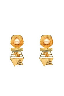 Gold Rhodium Finish Pearl Hexa Stud Earrings