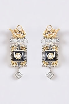 Two Tone Plated Moissanite Polki & Black Onyx Dangler Earrings In Sterling Silver