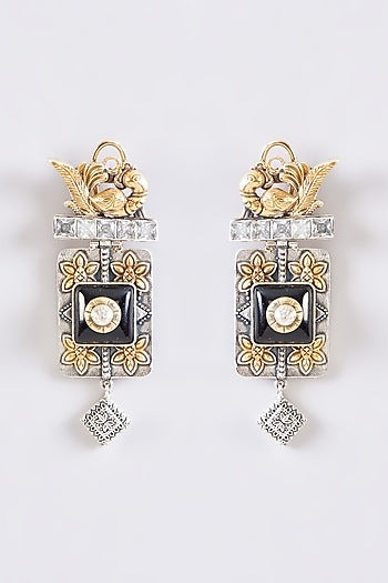 Two Tone Plated Moissanite Polki & Black Onyx Dangler Earrings In Sterling Silver