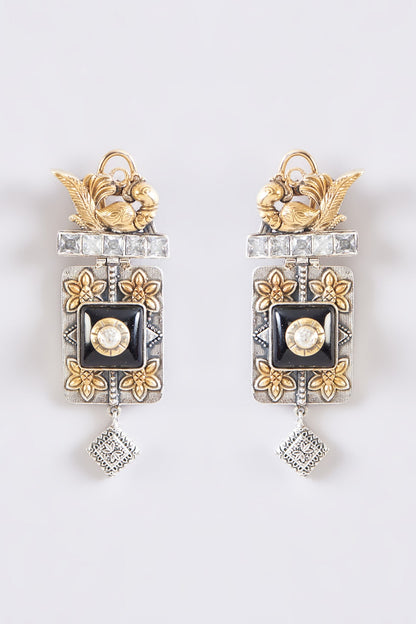 Two Tone Plated Moissanite Polki & Black Onyx Dangler Earrings In Sterling Silver