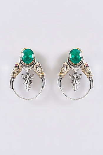 Two Tone Plated Moissanite Polki & Emerald Stud Earrings In Sterling Silver