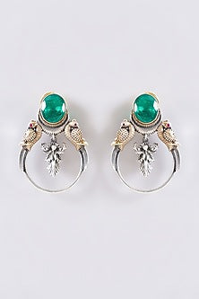 Two Tone Plated Moissanite Polki & Emerald Stud Earrings In Sterling Silver