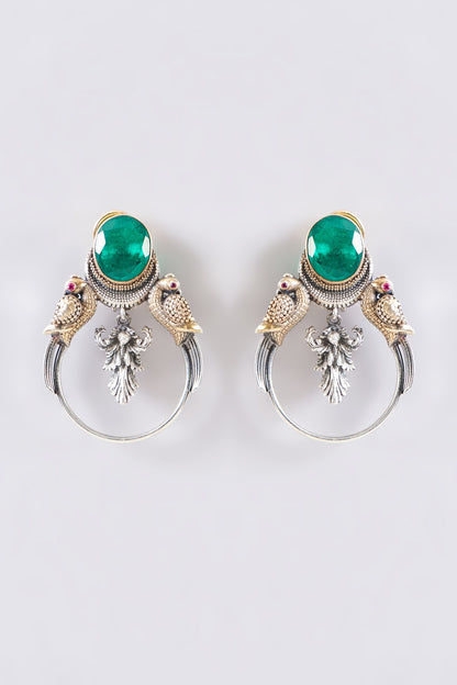 Two Tone Plated Moissanite Polki & Emerald Stud Earrings In Sterling Silver