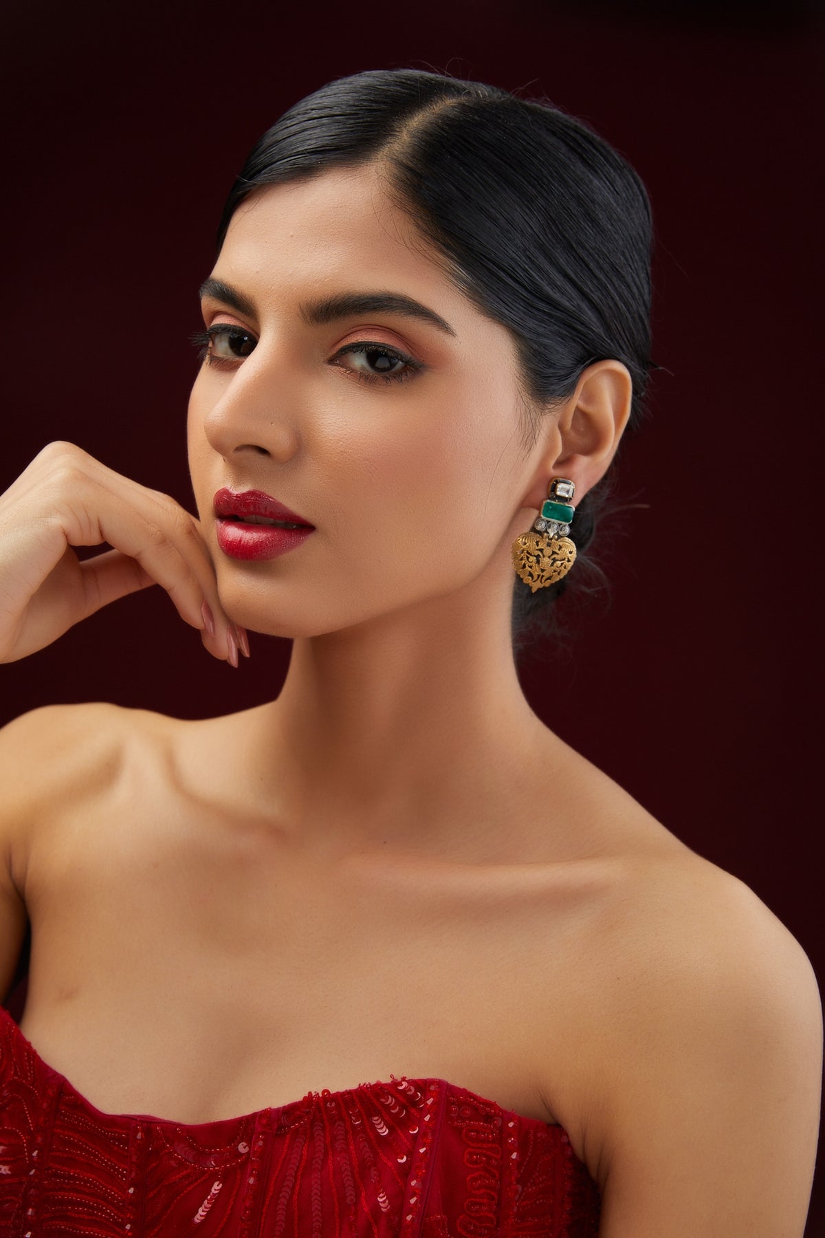 Two Tone Plated Moissanite Polki & Emerald Dangler Earrings In Sterling Silver