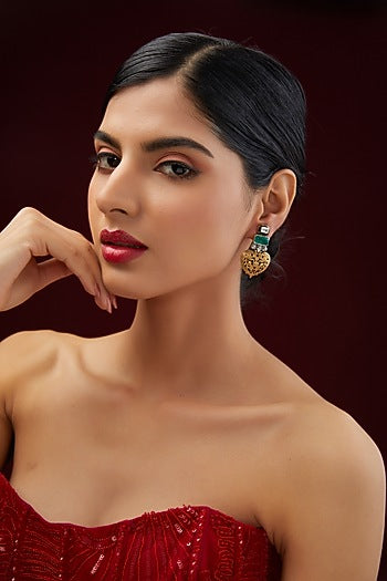 Two Tone Plated Moissanite Polki & Emerald Dangler Earrings In Sterling Silver