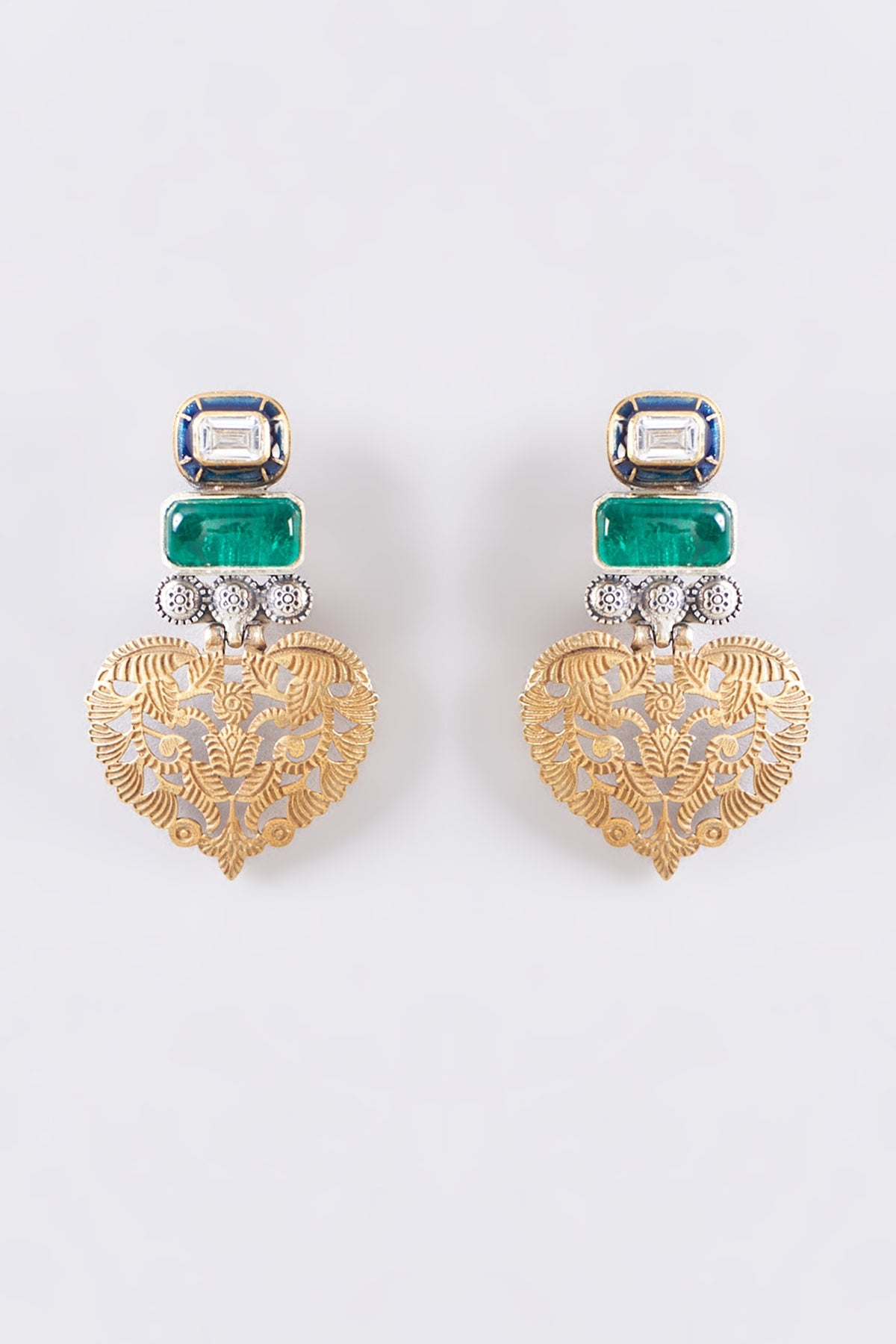 Two Tone Plated Moissanite Polki & Emerald Dangler Earrings In Sterling Silver
