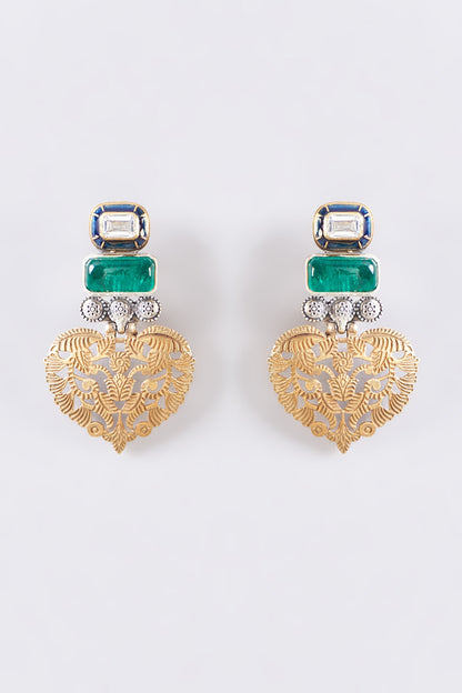 Two Tone Plated Moissanite Polki & Emerald Dangler Earrings In Sterling Silver