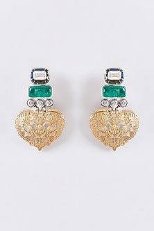 Two Tone Plated Moissanite Polki & Emerald Dangler Earrings In Sterling Silver