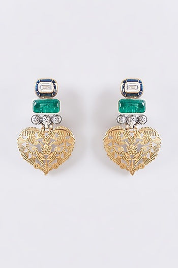 Two Tone Plated Moissanite Polki & Emerald Dangler Earrings In Sterling Silver