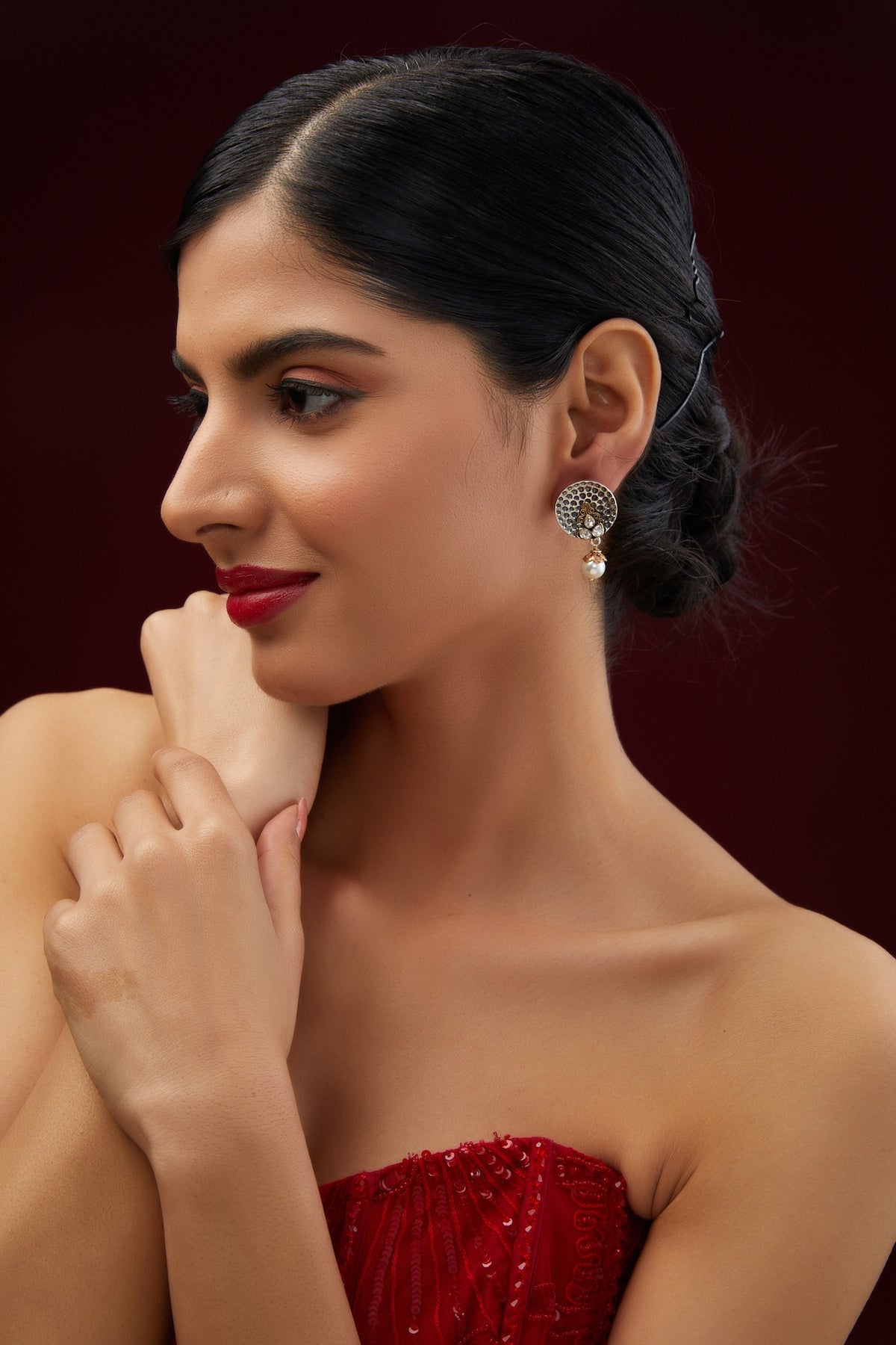 Two Tone Plated Moissanite Polki Dangler Earrings In Sterling Silver