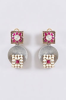 Two Tone Plated Moissanite Polki & Ruby Dangler Earrings In Sterling Silver