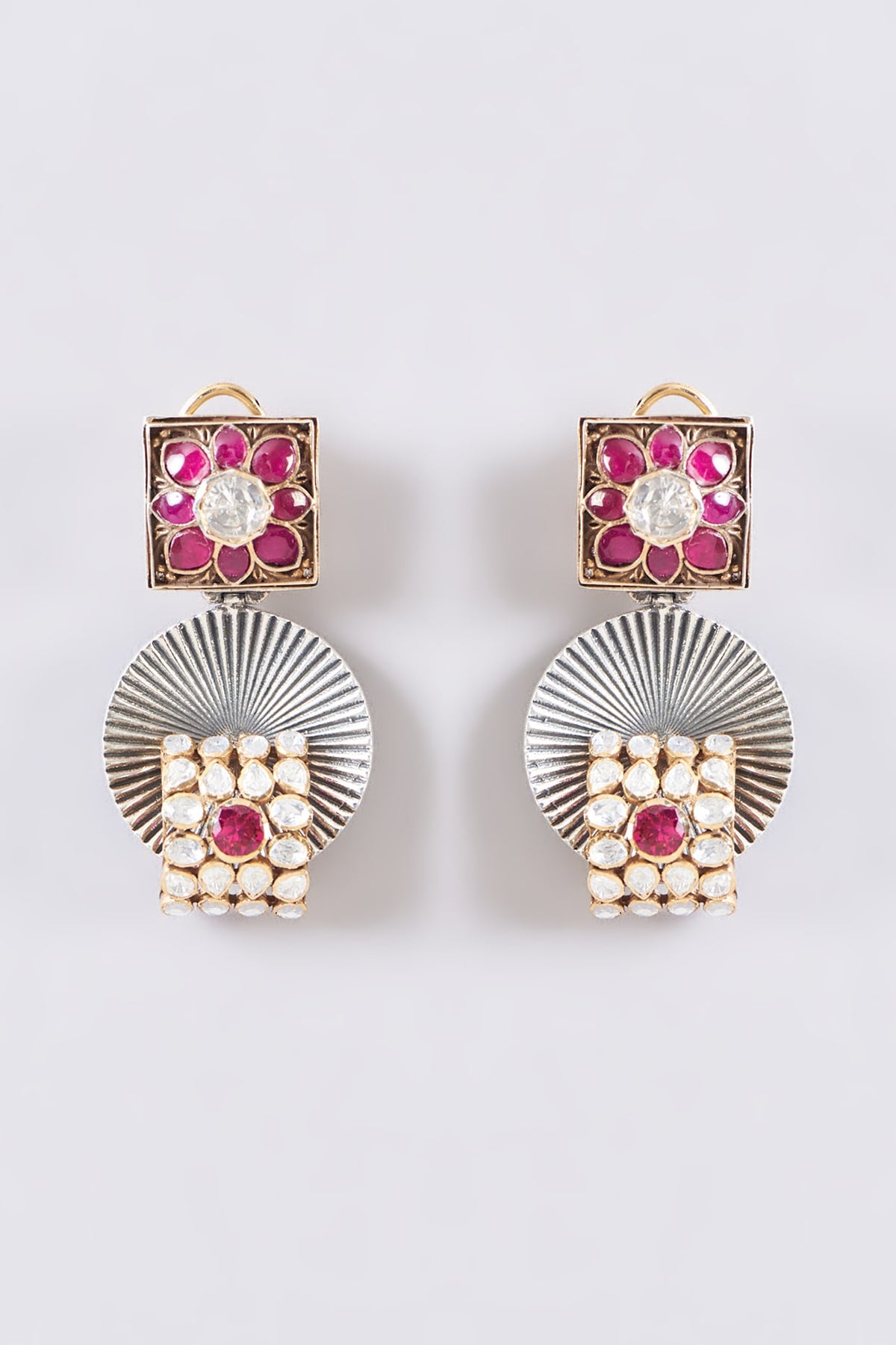 Two Tone Plated Moissanite Polki & Ruby Dangler Earrings In Sterling Silver