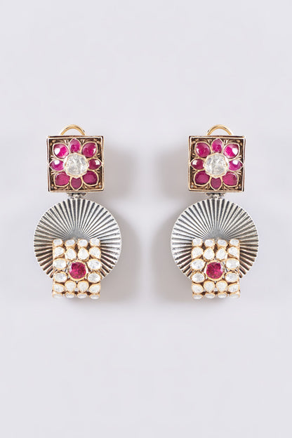 Two Tone Plated Moissanite Polki & Ruby Dangler Earrings In Sterling Silver