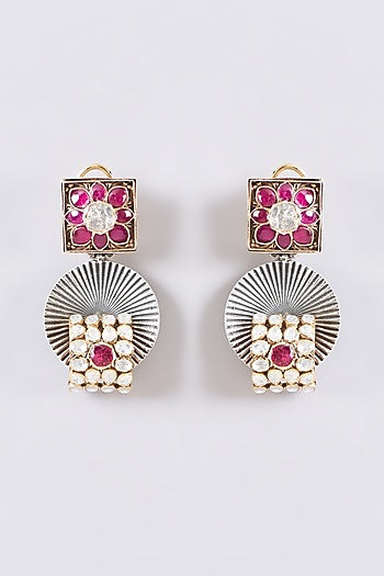 Two Tone Plated Moissanite Polki & Ruby Dangler Earrings In Sterling Silver