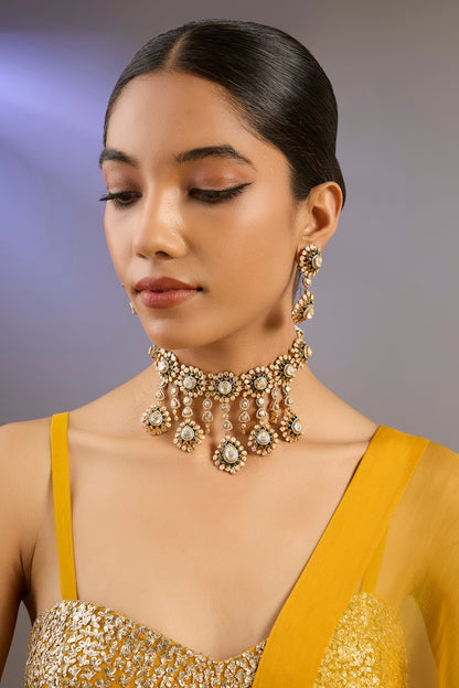 Gold Plated Moissanite Polki & Precious Stone Choker Necklace Set In Sterling Silver