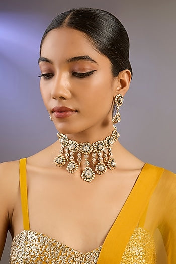 Gold Plated Moissanite Polki & Precious Stone Choker Necklace Set In Sterling Silver