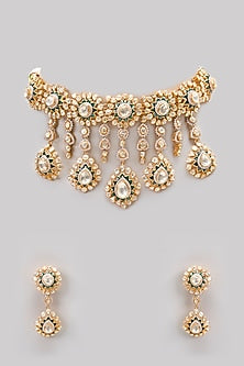 Gold Plated Moissanite Polki & Precious Stone Choker Necklace Set In Sterling Silver