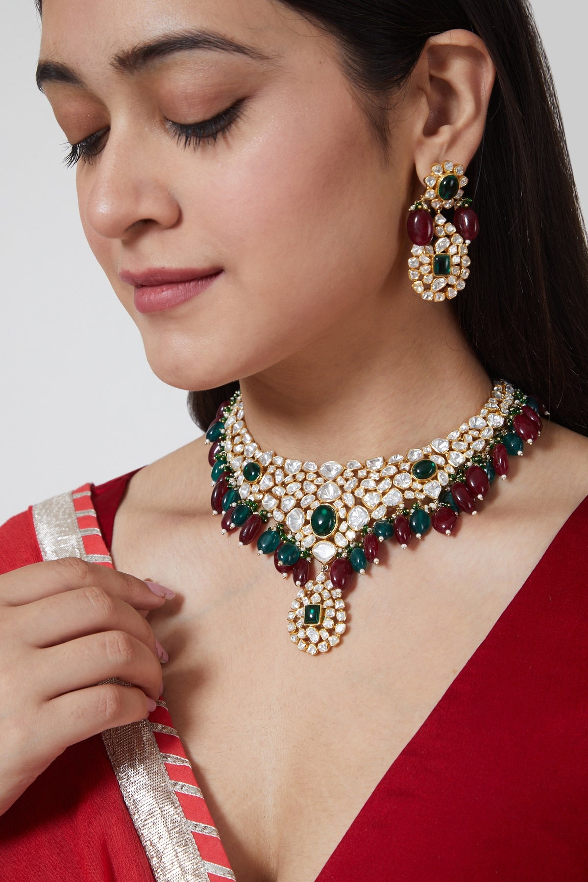 Gold Plated Kundan Polki Necklace Set In Sterling Silver