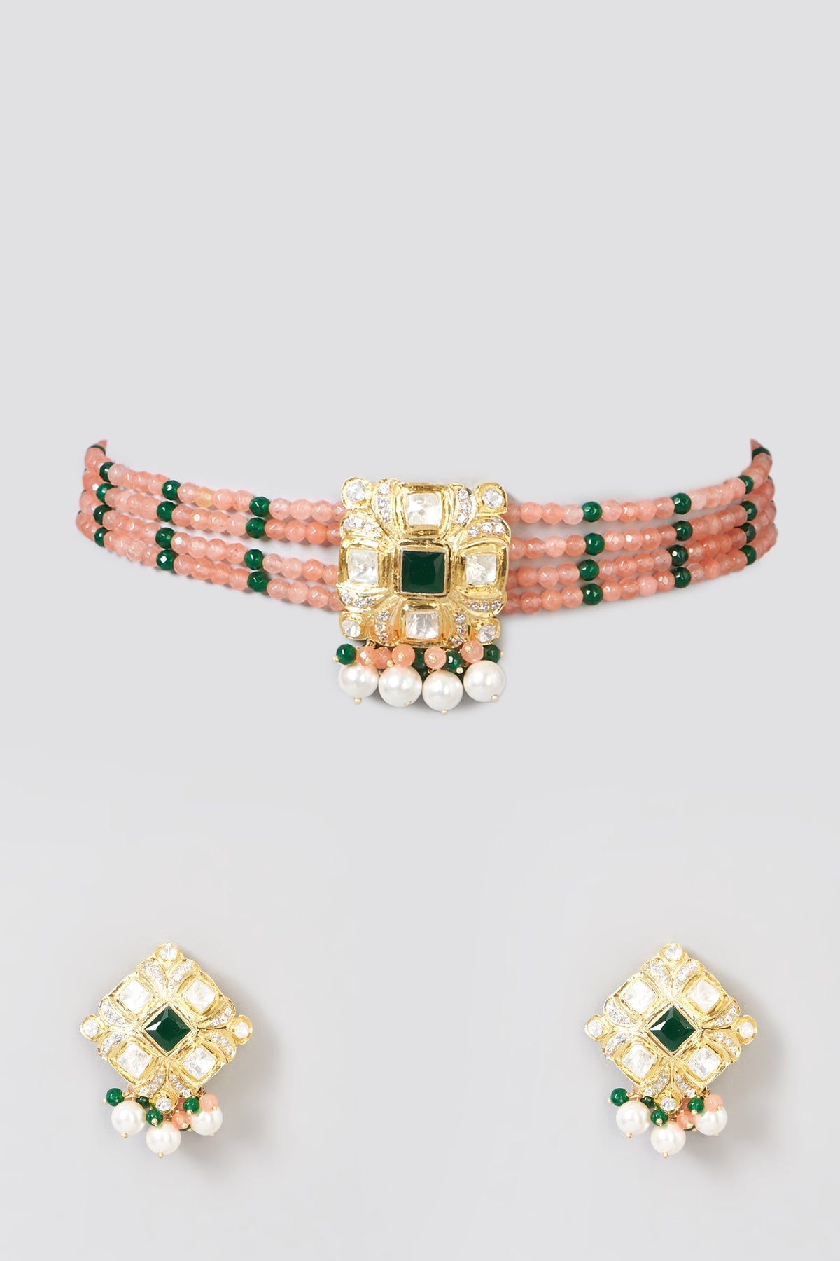 Gold Plated Peach Chalcy Necklace Set In Sterling Silver