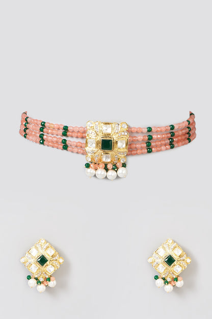 Gold Plated Peach Chalcy Necklace Set In Sterling Silver
