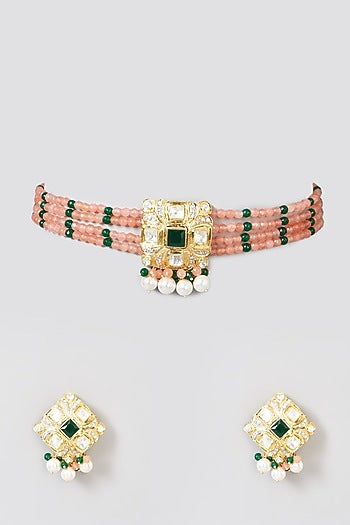 Gold Plated Peach Chalcy Necklace Set In Sterling Silver