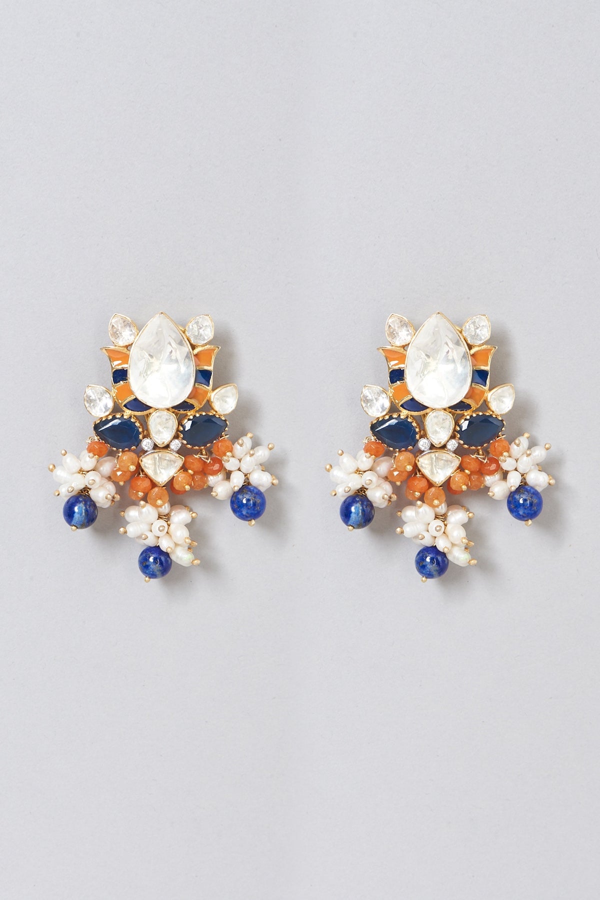 Gold Plated Pearl Enameled Dangler Earrings In Sterling Silver
