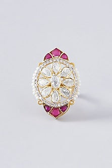Gold Plated Ruby & Moissanite Polki Handcrafted Ring In Sterling Silver