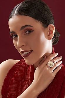 Gold Plated Ruby & Moissanite Polki Handcrafted Ring In Sterling Silver