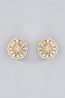 Gold Plated Moissanite Polki Handcrafted Stud Earrings In Sterling Silver