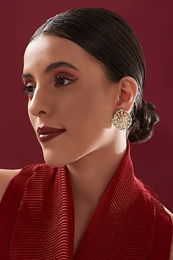 Gold Plated Moissanite Polki Handcrafted Stud Earrings In Sterling Silver