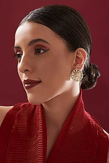 Gold Plated Moissanite Polki Handcrafted Stud Earrings In Sterling Silver