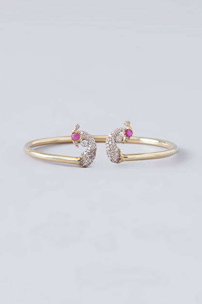 Gold Plated Ruby & Moissanite Polki Handcrafted Cuff In Sterling Silver