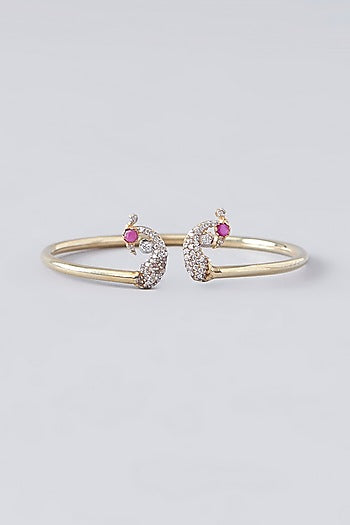 Gold Plated Ruby & Moissanite Polki Handcrafted Cuff In Sterling Silver
