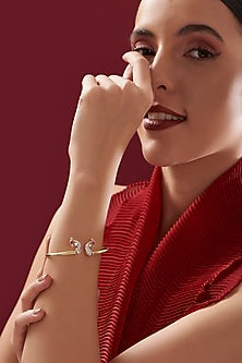 Gold Plated Ruby & Moissanite Polki Handcrafted Cuff In Sterling Silver