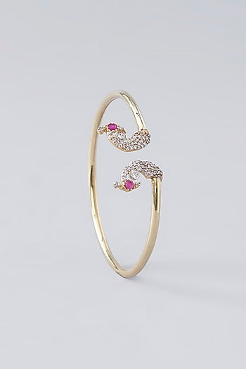 Gold Plated Ruby & Moissanite Polki Handcrafted Cuff In Sterling Silver