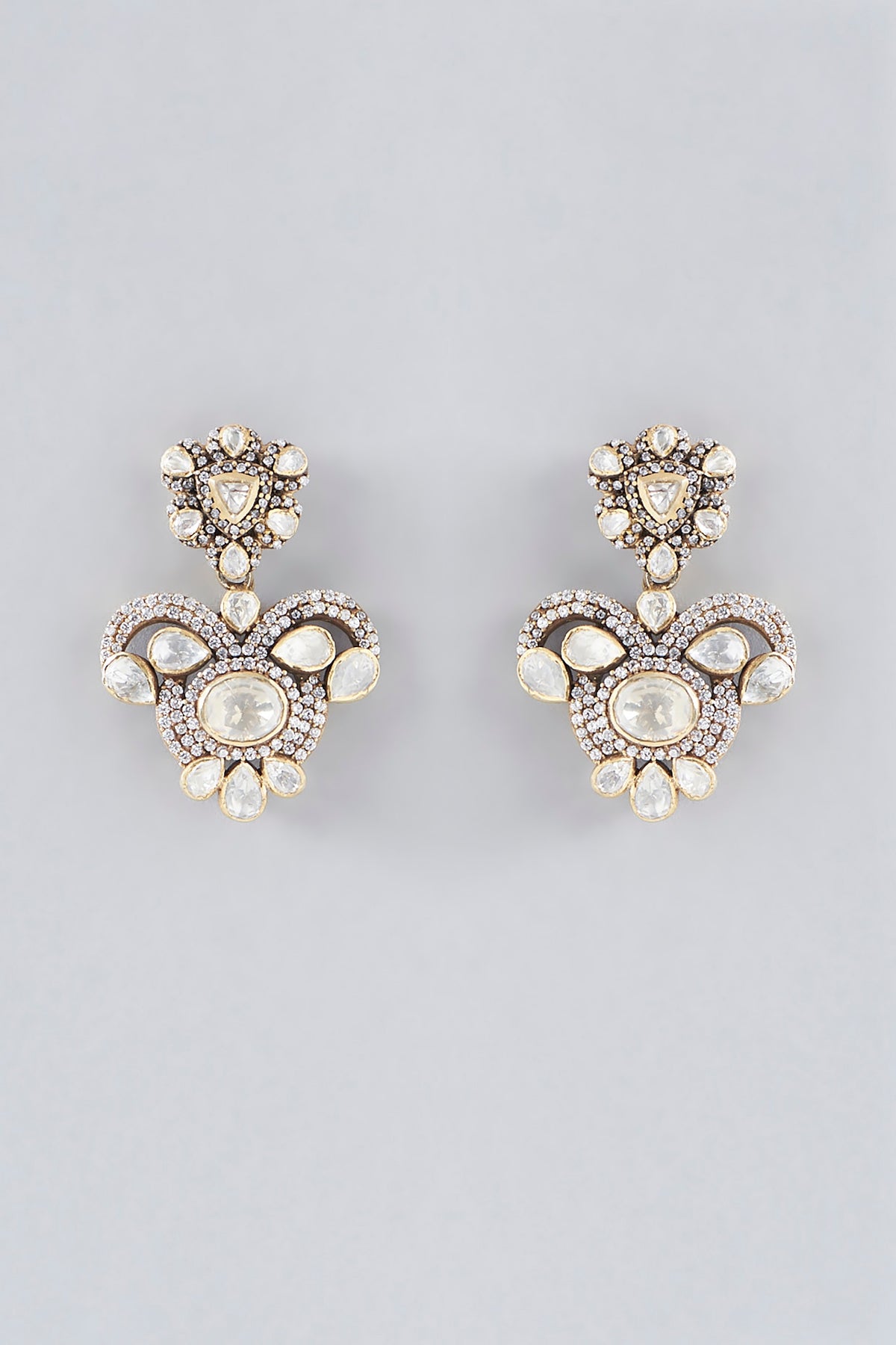 Gold Plated Moissanite Polki Handcrafted Dangler Earrings In Sterling Silver