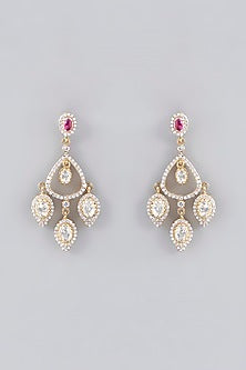 Gold Plated Ruby & Moissanite Polki Handcrafted Dangler Earrings In Sterling Silver