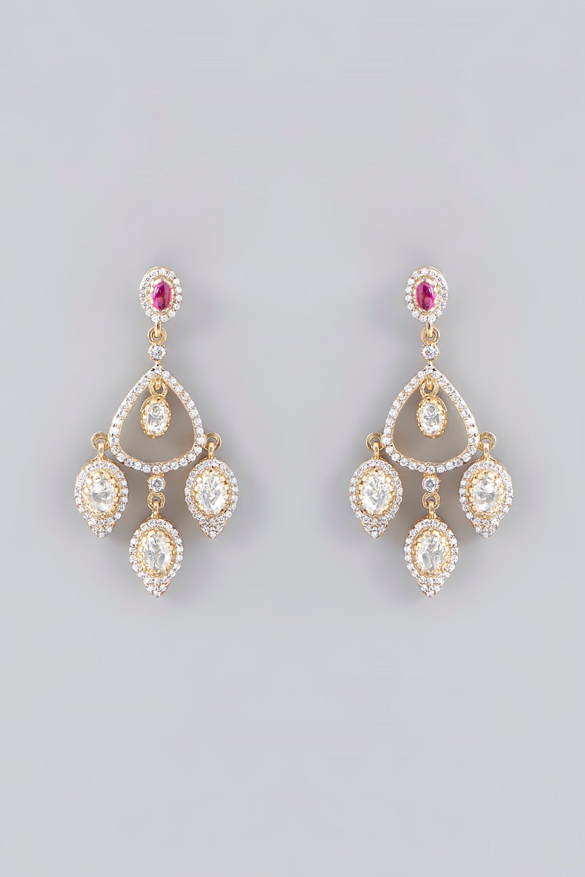 Gold Plated Ruby & Moissanite Polki Handcrafted Dangler Earrings In Sterling Silver