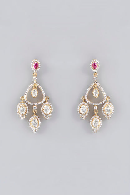 Gold Plated Ruby & Moissanite Polki Handcrafted Dangler Earrings In Sterling Silver