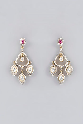 Gold Plated Ruby & Moissanite Polki Handcrafted Dangler Earrings In Sterling Silver