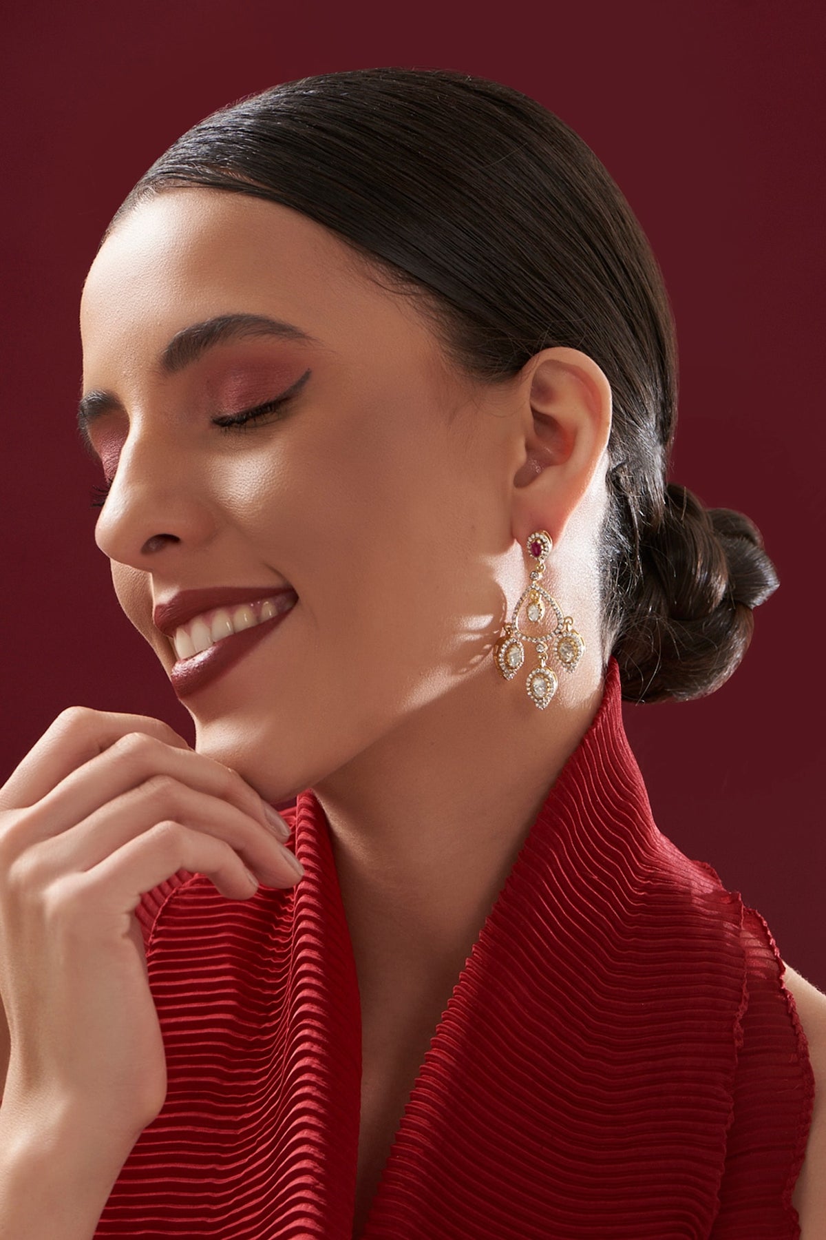 Gold Plated Ruby & Moissanite Polki Handcrafted Dangler Earrings In Sterling Silver