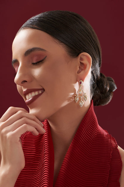 Gold Plated Ruby & Moissanite Polki Handcrafted Dangler Earrings In Sterling Silver