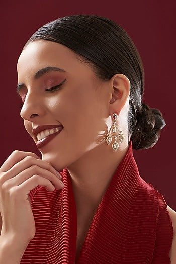 Gold Plated Ruby & Moissanite Polki Handcrafted Dangler Earrings In Sterling Silver