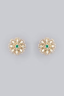 Gold Plated Emerald & Moissanite Polki Handcrafted Stud Earrings In Sterling Silver