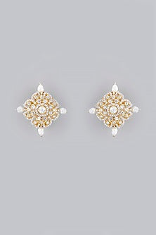 Gold Plated Pearl & Moissanite Polki Handcrafted Stud Earrings In Sterling Silver